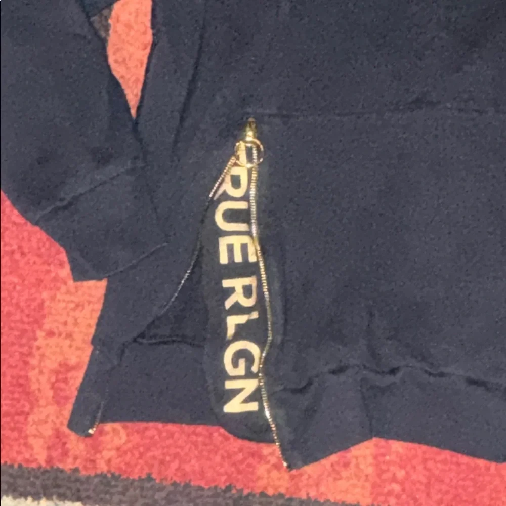 True Religion black sweatshirt‎ with gold zips.